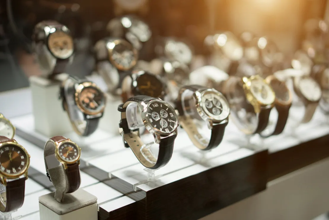 An array of watches in a shop window