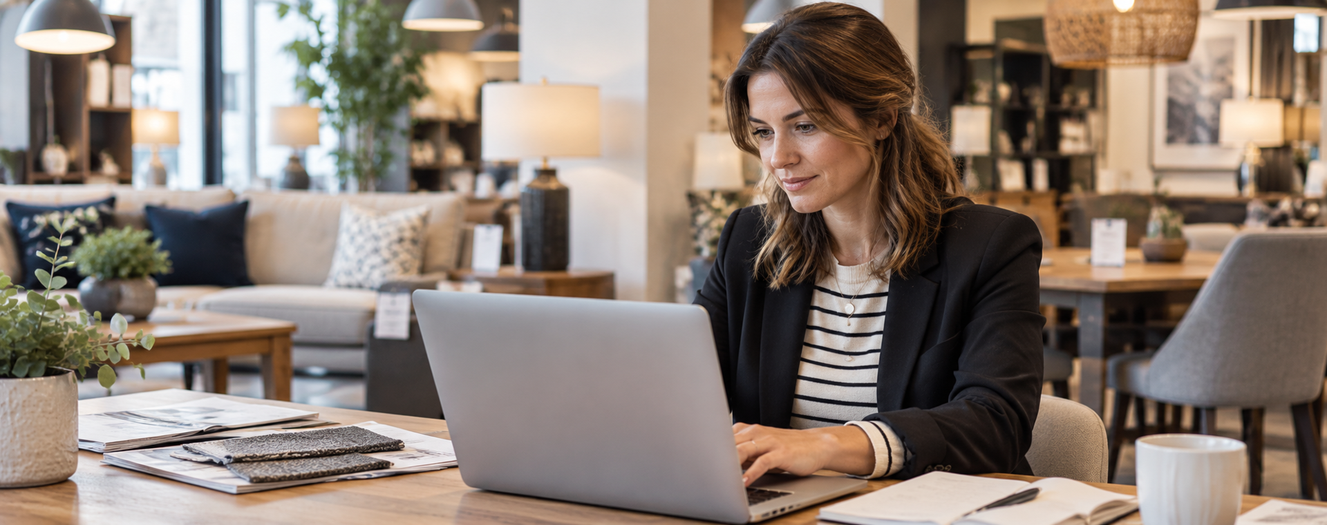 Retailer working on their website in the showroom